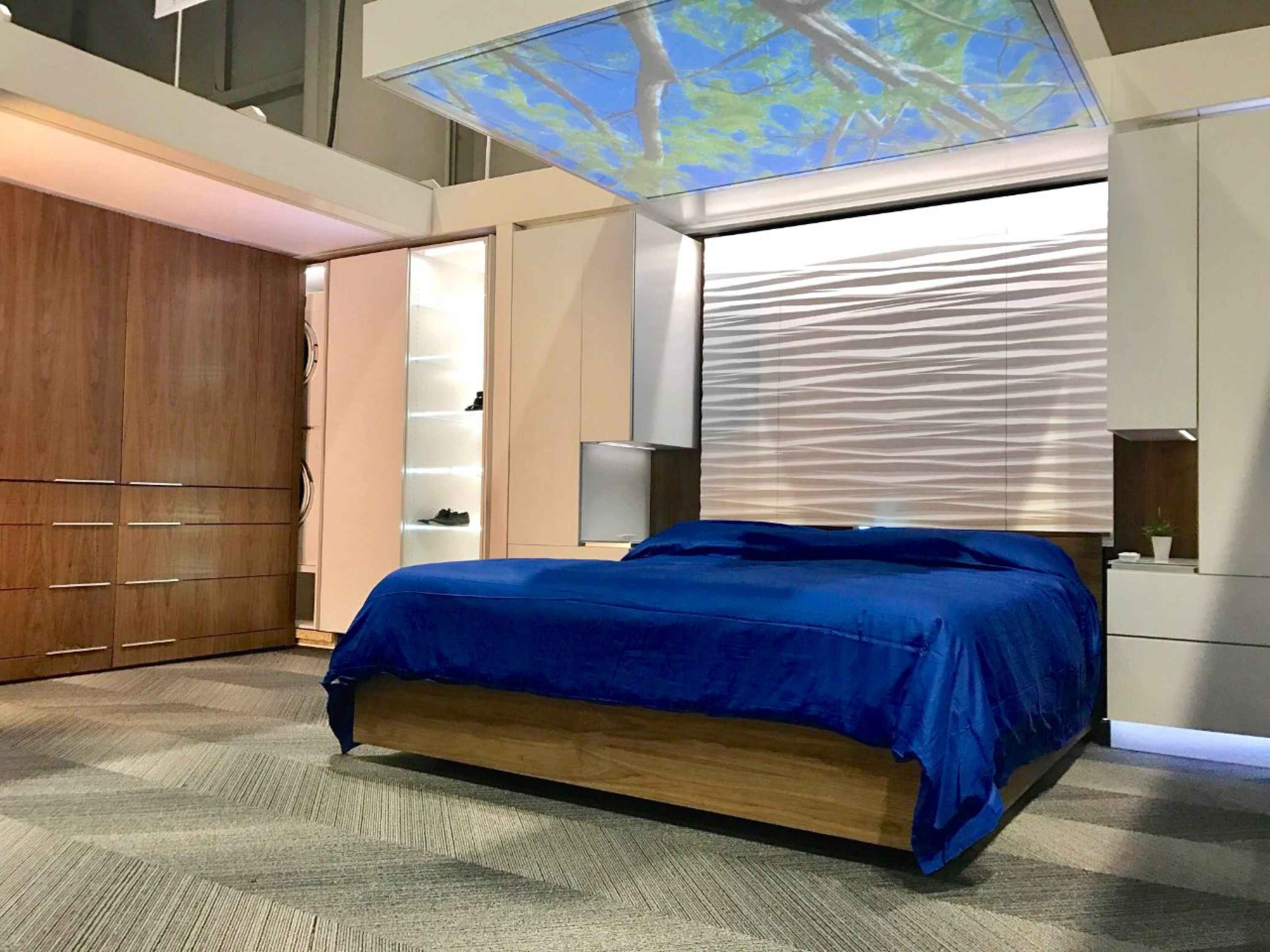 The FutureHAUS bedroom has a multimedia canopy bed screen that can project everything from TV and Internet to ambient lighting and user-responsive sleep scenes.